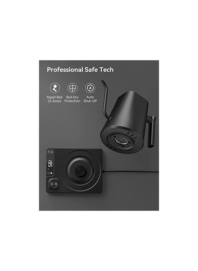 Temperature Control Gooseneck Kettle, Pour Over Kettle for Coffee Tea Brewing, Stainless Steel Inner Lid and Bottom, 1200W Rapid Heating, 1L, Matte Black