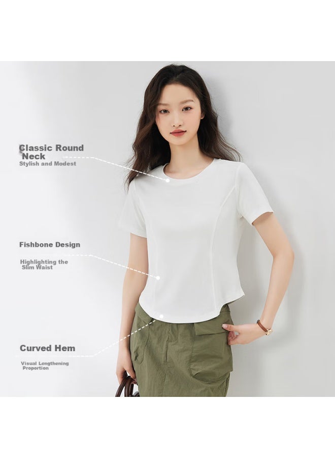 Don't speak Unique Style Curved Hem Short Sleeve T-shirt Women's Spring/summer Slim Fit Short Round Neck Basic Irregular Top White M - Image 1
