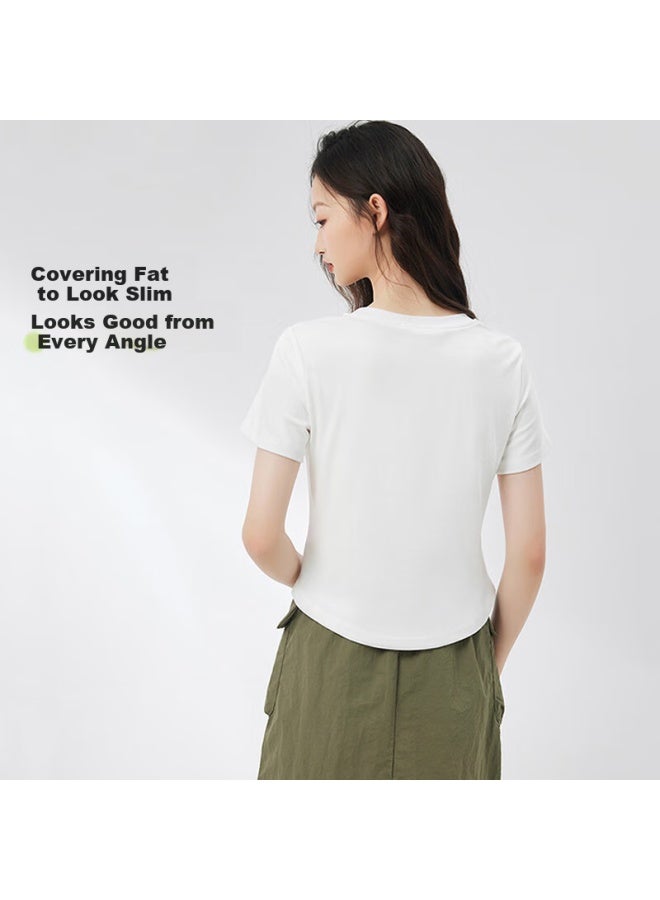 Don't speak Unique Style Curved Hem Short Sleeve T-shirt Women's Spring/summer Slim Fit Short Round Neck Basic Irregular Top White M - Image 3