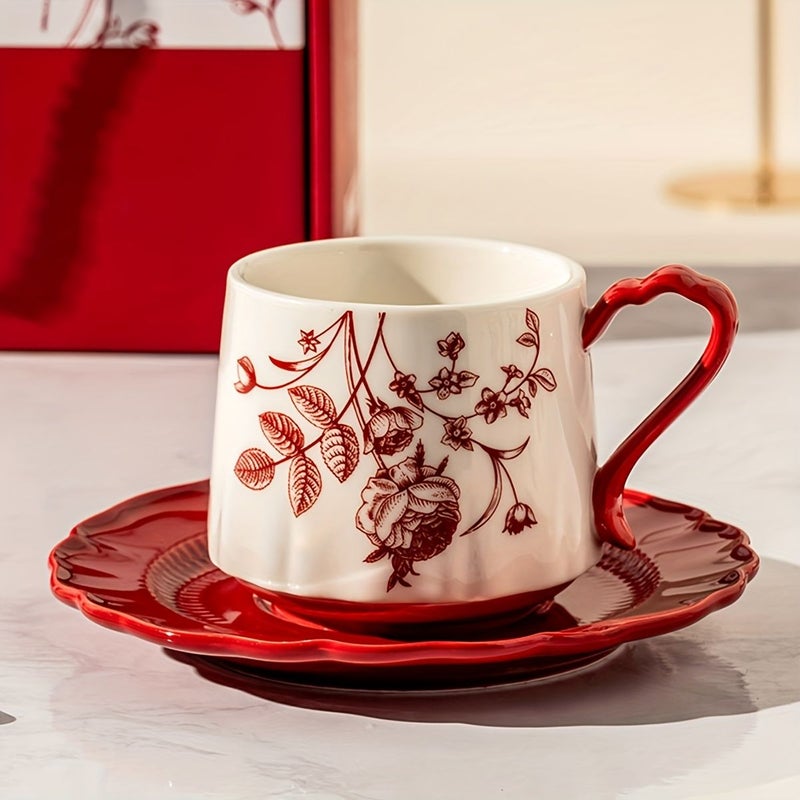 Rose Red Sunset Ceramic Coffee Cup And Saucer Set For Valentine Day Gift - Image 1