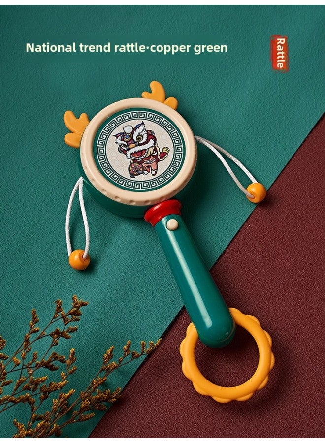 National Tide Baby Music Rattle Bite Gum Rattle Environmentally Friendly Plastic Soothing Toy Baby Hand Drum-Color:National Tide Rattle-Lion Dance-Pine Green - Image 1