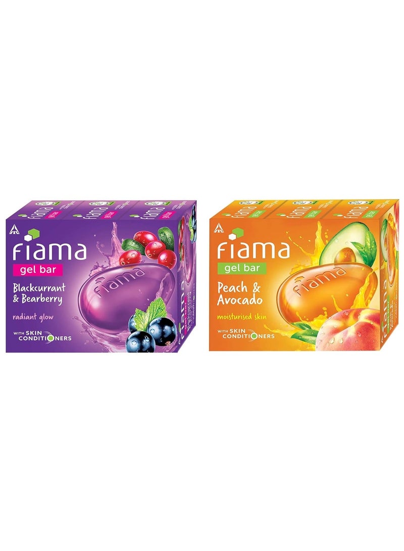Fiama Gel Bar Blackcurrant and Bearberry for radiant glowing skin 125 g soap (Pack of 3) & Fiama Gel Bar Peach and Avocado for moisturized skin 125 g soap (Pack of 3) - Image 1