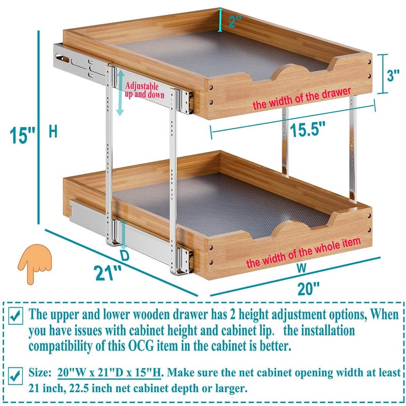 OCG 2 Tier Pull Out Cabinet Organizer (20"W x 21"D), Heavy-Duty Slide out Wood Drawer Shelf, Pull Out Drawer for Cabinets, Base Cabinet Organization for Kitchen, Pantry, Bathroom - Image 2