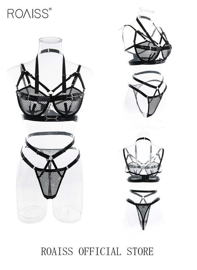 roaiss - Women Strappy Lingerie with Handcuffs Halter Neck Bandage Body Harness Costume Lingerie Set for Women Bodysuit for Ladies Wife Girlfriend - Image 1