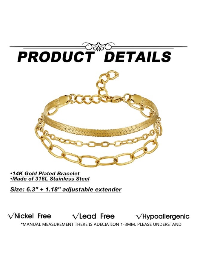 Julia Store 18K Gold Plated Stainless Steel Trendy Charm Layered Bracelets Set for Women, 18K Gold Adjustable Dainty Paperclip Chain Link Bracelet Gold Filled Jewelry Gift - Image 2