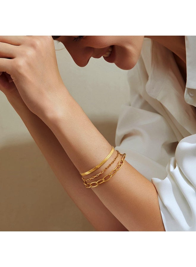 Julia Store 18K Gold Plated Stainless Steel Trendy Charm Layered Bracelets Set for Women, 18K Gold Adjustable Dainty Paperclip Chain Link Bracelet Gold Filled Jewelry Gift - Image 5