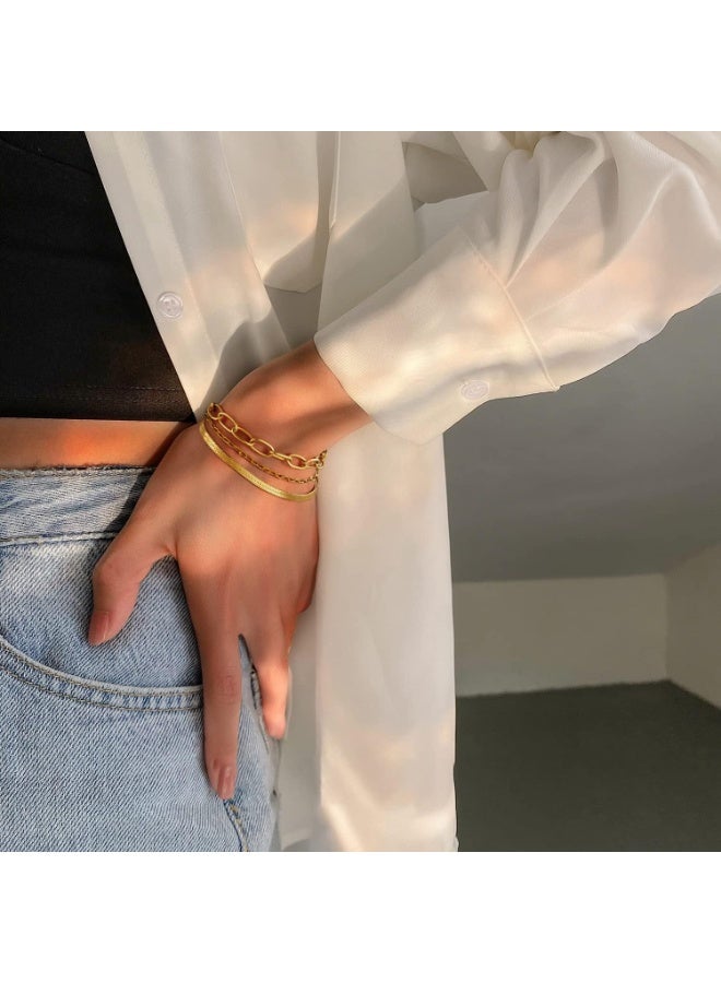 Julia Store 18K Gold Plated Stainless Steel Trendy Charm Layered Bracelets Set for Women, 18K Gold Adjustable Dainty Paperclip Chain Link Bracelet Gold Filled Jewelry Gift - Image 3