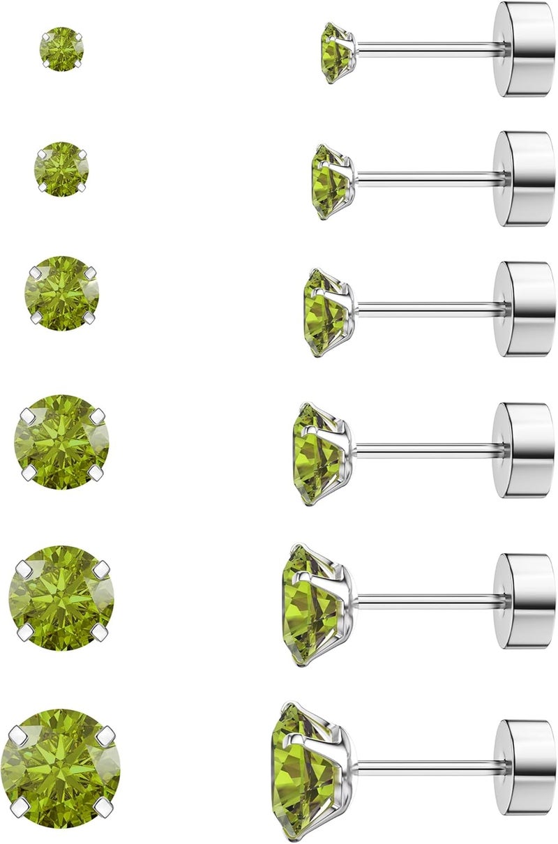 WSSXC 6 Pairs Hypoallergenic Cubic Zirconia Earrings Surgical Steel Flat Back Studs for Cartilage, Screw Back Fashion Jewelry - Image 1