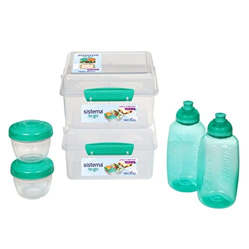 Sistema Lunch Containers Bento Box with Condiment and Sandwich Containers, 2 Water Bottles, Dishwasher Safe, Blue/Green - Image 1