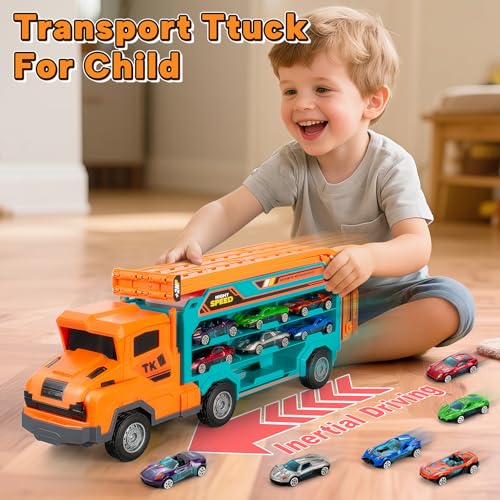 Bstoyder Kids Toys for 3 4 5 6 7 8 Years Old Boys Carrier Truck Transport Car Toys Foldable 2 Layer Car Race Track Playset with 25in Race Track 6 Metal Toy Cars Birthday Toy Gift for ToddlerOrange - Image 5