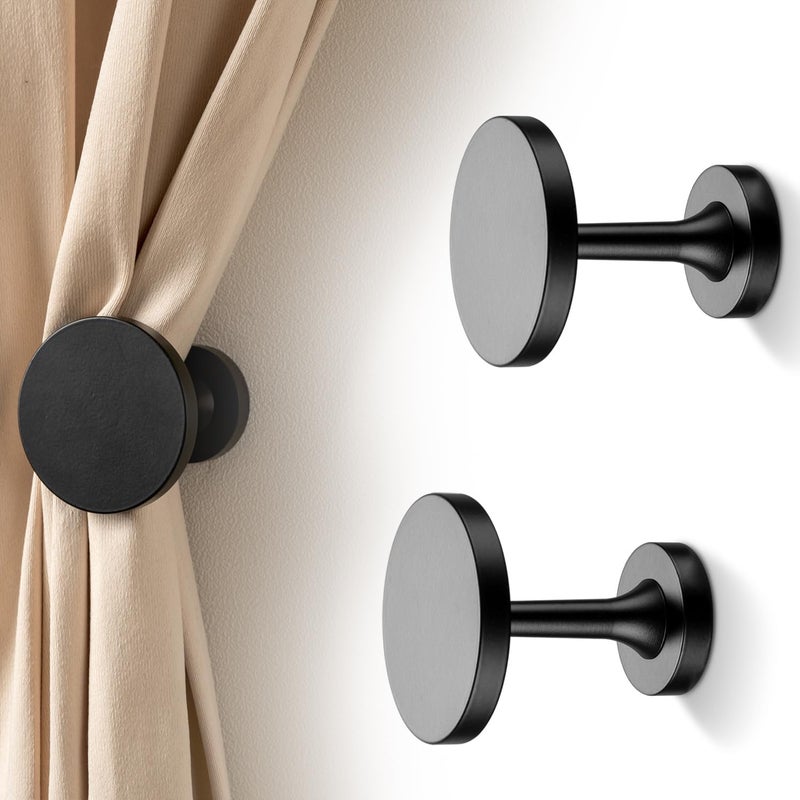 SIXZOONM Small Curtain Holdbacks - 2 Pack, Black Curtain Tiebacks Hooks Wall Mounted, Metal Drapery Pull Back Hooks, Modern Curtain Hold Backs with Hardware, Window Side Holders for Drapes, Curtain Accessories - Image 1