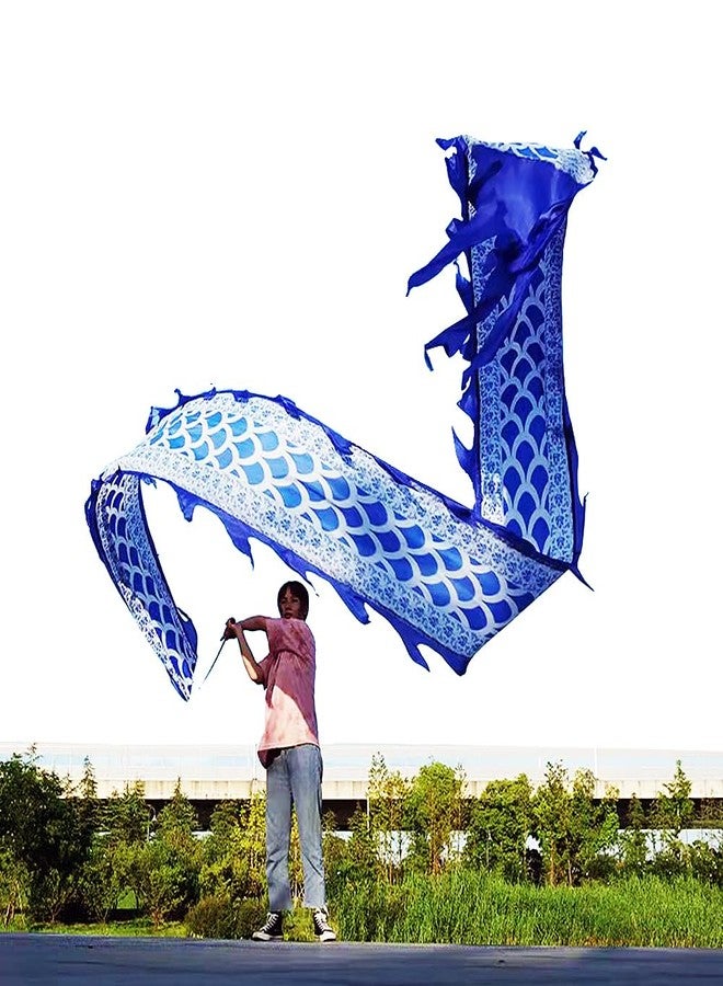 DSJUGGLING 5 Meters (16.4 FT) Blue Scale Dragon Silk-Like Flowy Spinning & Shaking Poi, Outdoor Flinging Fitness Dragon Dance Wu Long 3D Dragon Ribbon Streamer with Adjustable Fiberglass Handstick + Travel Bag! - Image 1