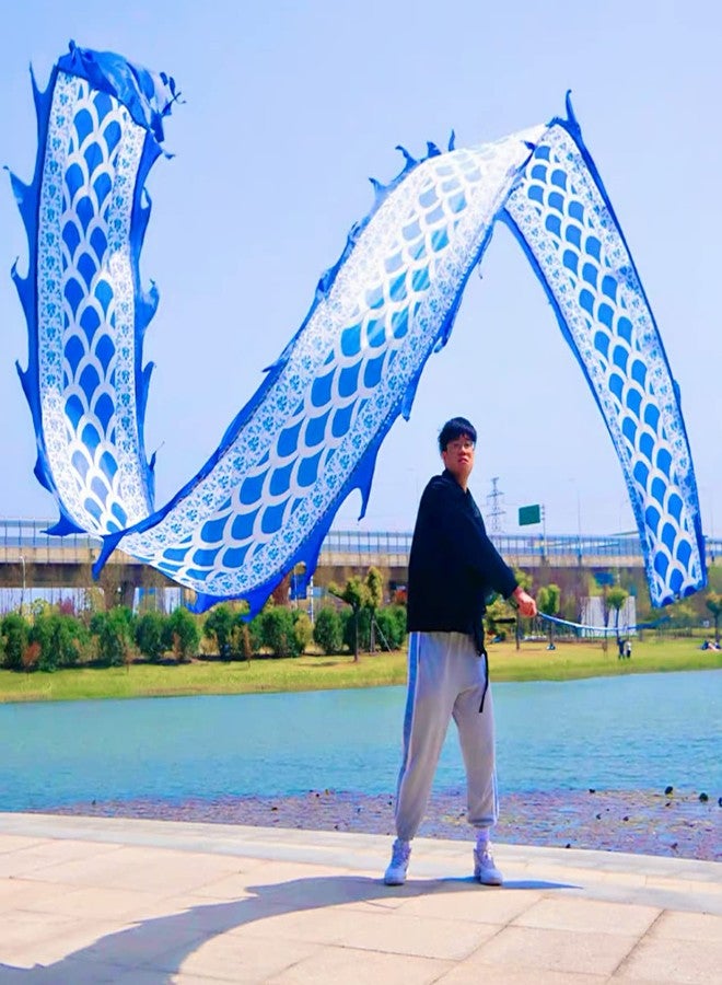 DSJUGGLING 5 Meters (16.4 FT) Blue Scale Dragon Silk-Like Flowy Spinning & Shaking Poi, Outdoor Flinging Fitness Dragon Dance Wu Long 3D Dragon Ribbon Streamer with Adjustable Fiberglass Handstick + Travel Bag! - Image 2