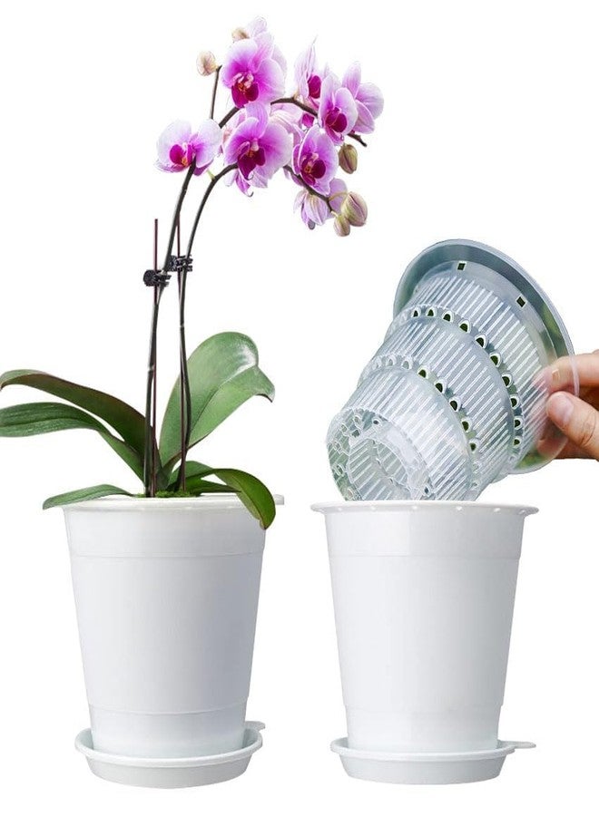 Meshpot 4 Inches Clear Plastic Orchid Pots with Holes - 2 Inner Pot,2 Outer Pot,2 Tray (2PCS Clear White) - Image 2