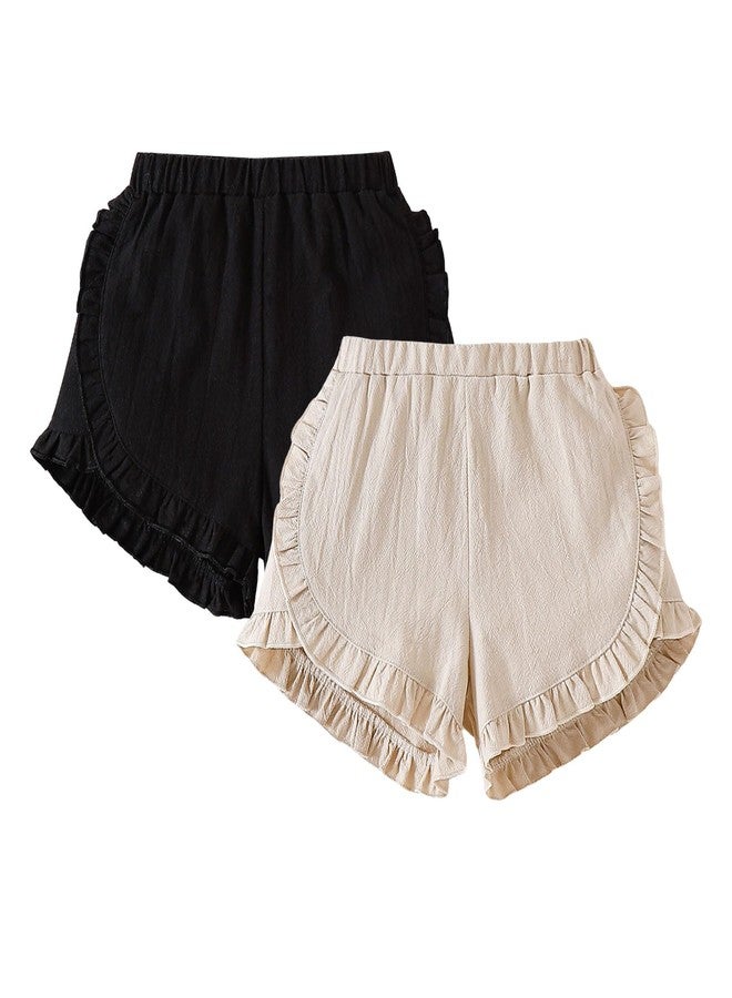 SOBOWO Toddler Girls Shorts Ruffle 2 Pack Baby Girl Solid Soft Cotton Pull-On Casual Shorts Bottom Summer Clothes Size 18M-5T(Black/Beige, 18-24 Months) - Image 1
