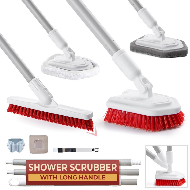 Shower Scrubber with Long Handle Stiff Bristles GroutBrush Tub ScrubBrush with LongHandle ShowerCleaner Brush Grout Cleaning Brush for Tile floors Scouring Pad  Microfiber Cloth for Bathroom