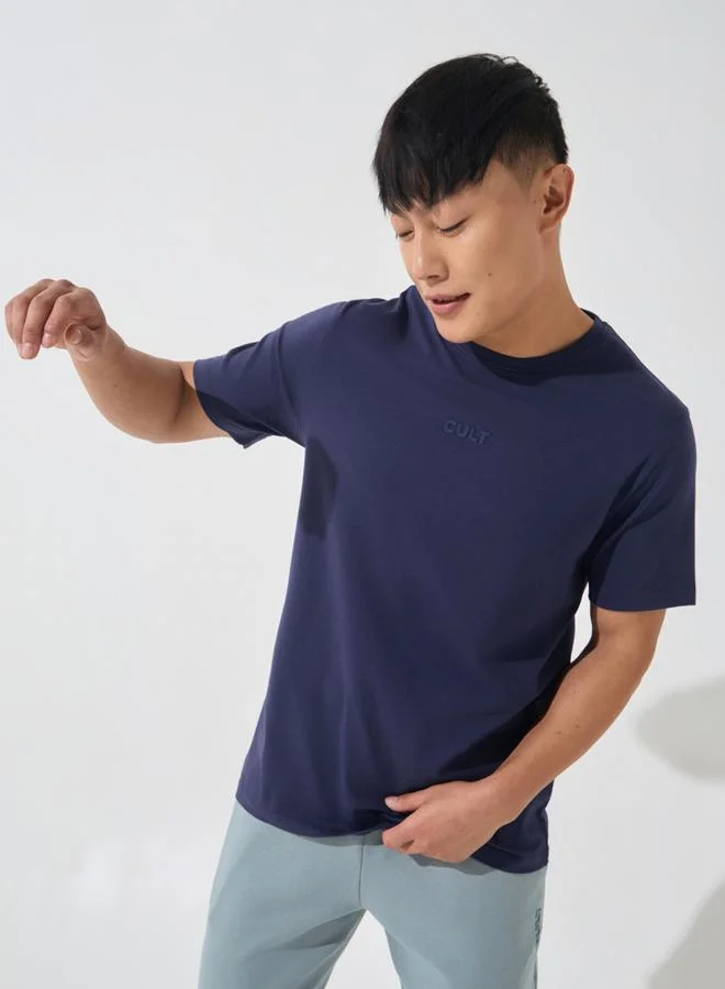Cult Men Navy Blue Solid Knit T-Shirt