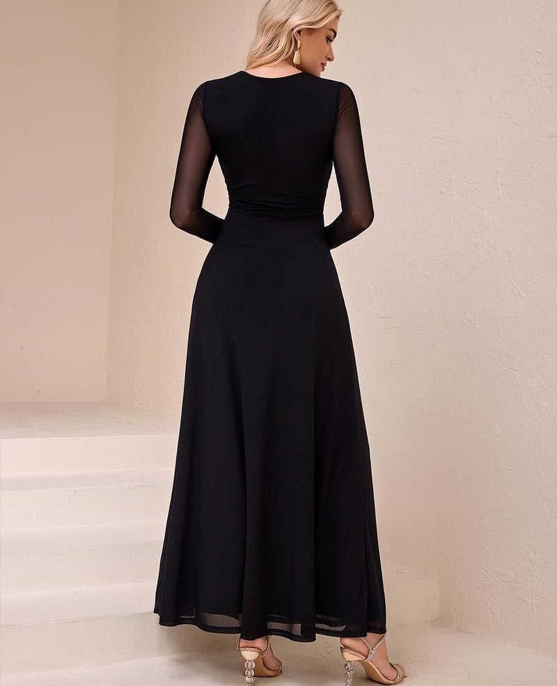 GLNEGE Fall Long Sleeve Wedding Guest Maxi Long Dress Mesh A-Line Flowy Square Neck Ruched Cocktail Dresses for Women Black - Image 3