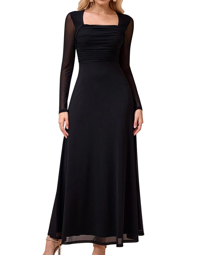 GLNEGE Fall Long Sleeve Wedding Guest Maxi Long Dress Mesh A-Line Flowy Square Neck Ruched Cocktail Dresses for Women Black - Image 1
