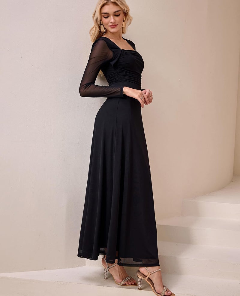 GLNEGE Fall Long Sleeve Wedding Guest Maxi Long Dress Mesh A-Line Flowy Square Neck Ruched Cocktail Dresses for Women Black - Image 4