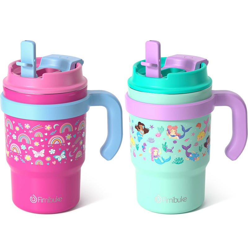 Fimibuke 16oz Kids Insulated Tumbler with Handle & Straws - 2 Pack BPA FREE 18/8 Stainless Steel Toddler Cups with Sip/Swig 2-in-1 Lids, Leak Proof Kid Drinking Cup Travel Mugs for Children Boys Girls - Image 1