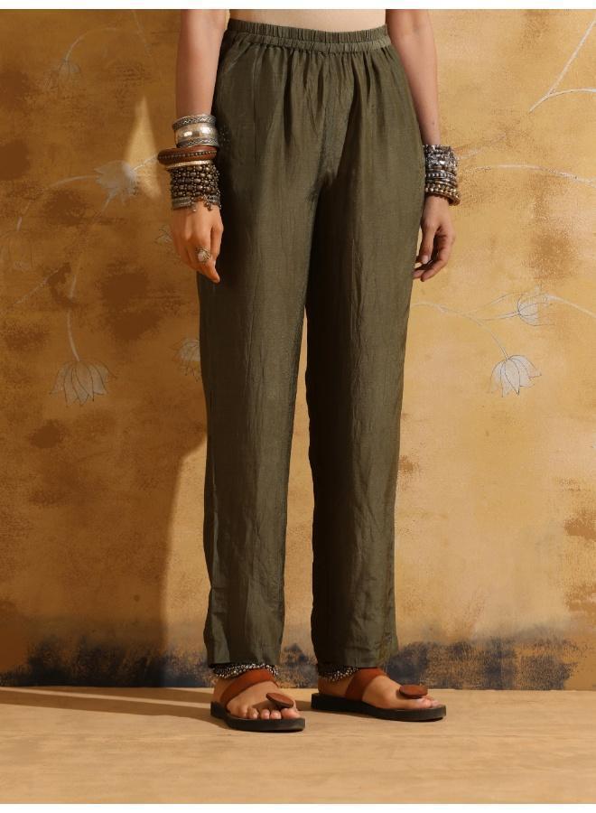 trueBrowns Green Cream Floral Print Muslin Silk High-Slit Kurta Set - Image 5