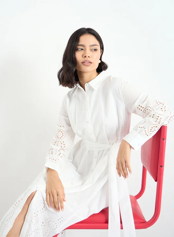 Styli Styli White Schiffli Shirt Midi Dress