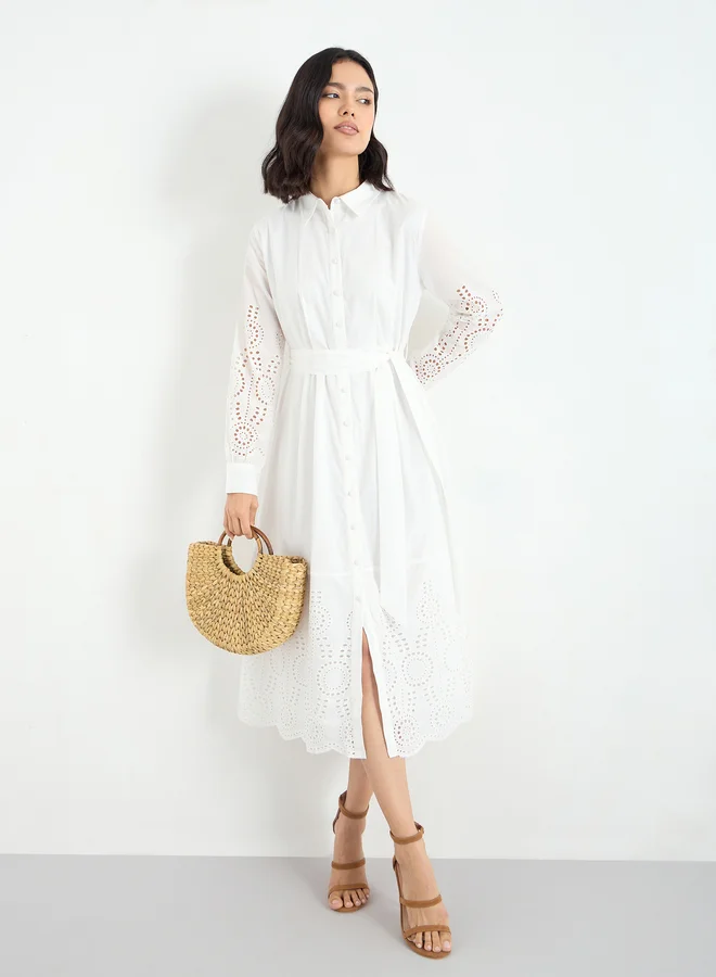 Styli Styli White Schiffli Shirt Midi Dress