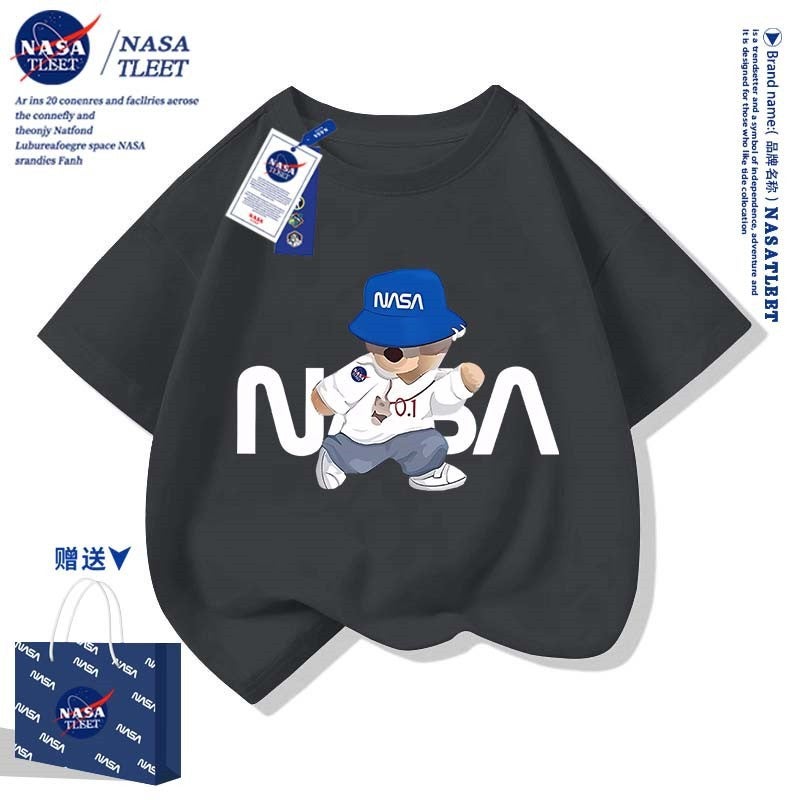 NASA Co-branded New Trendy Brand Bear Printed Pure Cotton Short-sleeved Summer All-match Round Neck Base Shirt Simple T-shirt Cool - Image 3