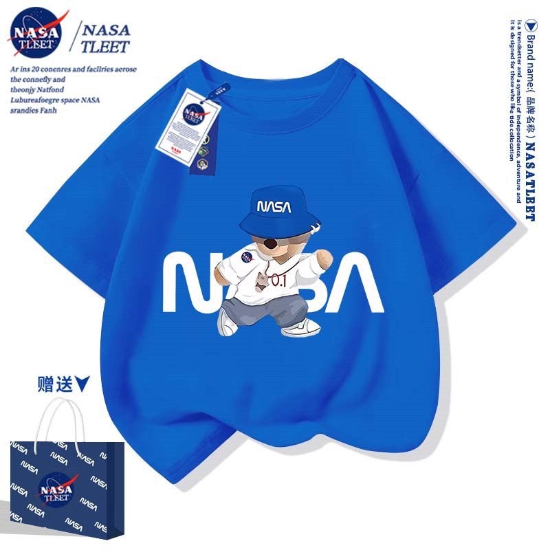 NASA Co-branded New Trendy Brand Bear Printed Pure Cotton Short-sleeved Summer All-match Round Neck Base Shirt Simple T-shirt Cool - Image 2