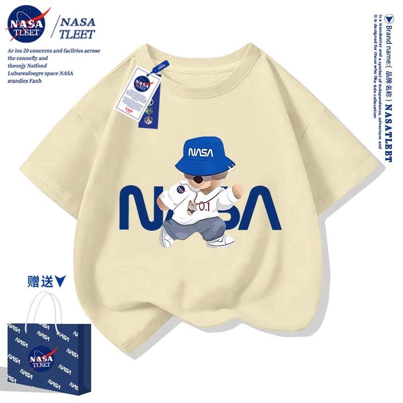 NASA Co-branded New Trendy Brand Bear Printed Pure Cotton Short-sleeved Summer All-match Round Neck Base Shirt Simple T-shirt Cool - Image 5
