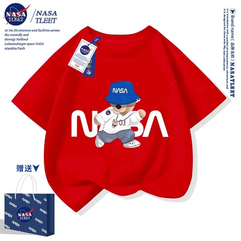 NASA Co-branded New Trendy Brand Bear Printed Pure Cotton Short-sleeved Summer All-match Round Neck Base Shirt Simple T-shirt Cool - Image 1
