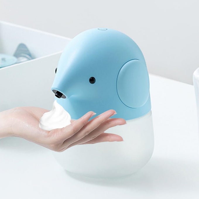AUTOMATIC SOAP DISPENSER FOR KIDS CUTE BLUE ELEPHANT TOUCHLESS FOAMING HAND SOAP DISPENSER WATERPROOF USB RECHARGEABLE 135OZ 400ML FOR BATHROOM COUNTERTOP KITCHEN PRESCHOOL CHILDREN