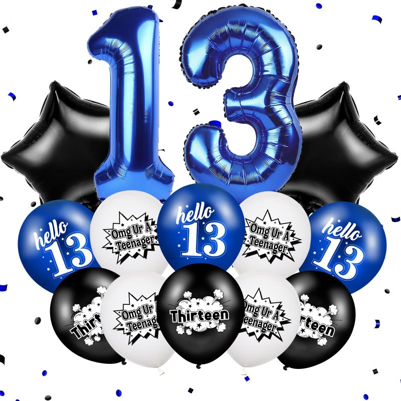 TagreSpike Happy 13th Birthday Decorations Balloons OMG UR A TEENAGER Number 13 Foil Star Balloons Funny Black Blue White Hello 13th Birthday Latex Balloons for Girls Boys 13 Years Old Bday Party Supplies - Image 3