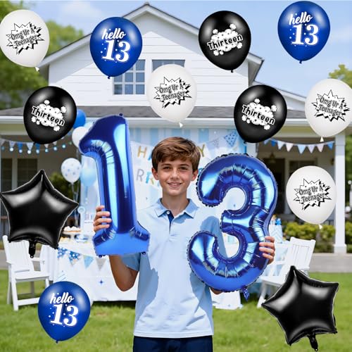 TagreSpike Happy 13th Birthday Decorations Balloons OMG UR A TEENAGER Number 13 Foil Star Balloons Funny Black Blue White Hello 13th Birthday Latex Balloons for Girls Boys 13 Years Old Bday Party Supplies - Image 5
