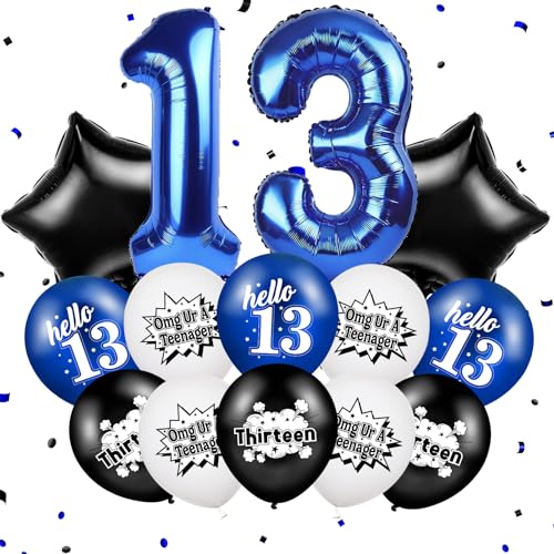 TagreSpike Happy 13th Birthday Decorations Balloons OMG UR A TEENAGER Number 13 Foil Star Balloons Funny Black Blue White Hello 13th Birthday Latex Balloons for Girls Boys 13 Years Old Bday Party Supplies - Image 1