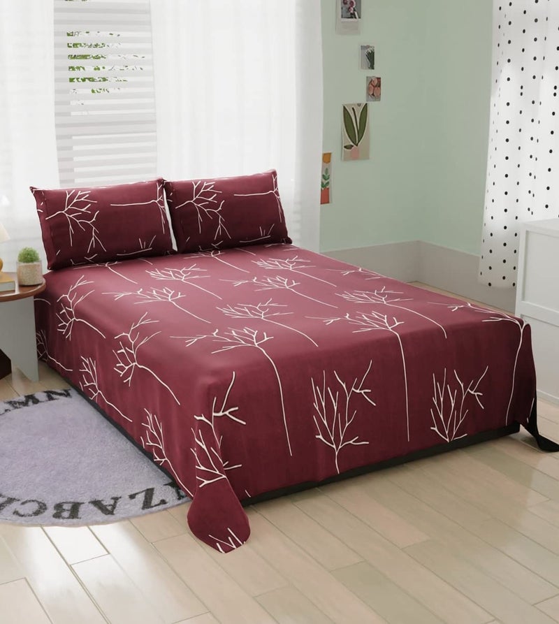 BELVOSTUM 280 TC Glace Printed Cotton Bedsheet for Double Bed Perfect for King Size BedSheet, Cotton Bedspread for King Size Bed- Includes 1 Double Bed Sheet and 2 Pillow Covers - Dark Wine Colour - Image 1