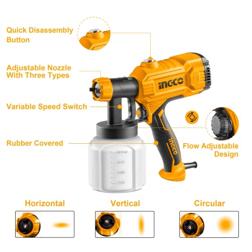 Ingco 450W Electric Spray Gun, 800ml, 1.5mm Copper Nozzle, 380ml/min, Corded, Multicolor, Round Style, Suitable for Base Coat Spray Gun, Auto Paint, DIY, Indoor/Outdoor Use - Image 2