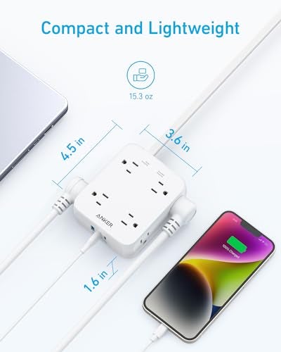 Anker Surge Protector Flat Plug Power Strip 2000J, 5ft Thin Extension Cord, 8 Outlets,2 USB A and 1 USB C Port,20W for iPhone15,Wall Mount,Compact for Home,Office,Room,TUV Listed - Image 5