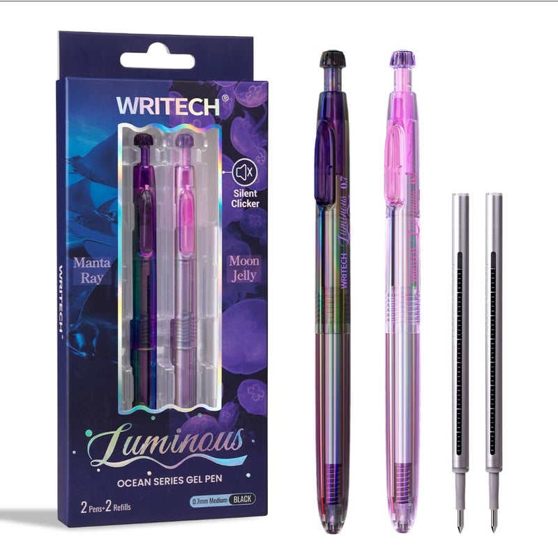 WRITECH Gel Pens Medium Point: Luminous pen set 0.7mm, Black Ink, Includes 2 Pens and 2 Refills, Silent Clicker, Smooth Writing for School Office & Everyday Use - Image 1