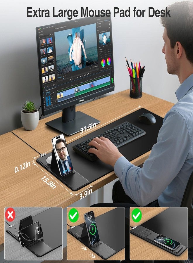 abc.mat Wireless Charging Mouse Pad with Foldable Phone Holder, 31.5"x15.8" Large Desk Mat for Laptop/Keyboard, Waterproof Ultra-Smooth Surface, Non-Slip Base, Black - Image 3