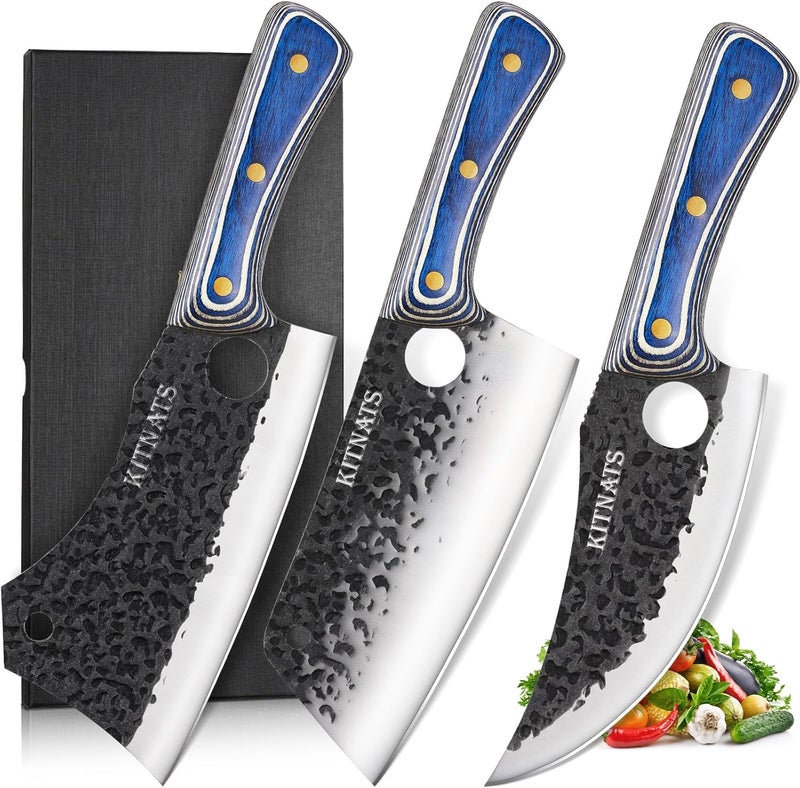 KITNATS 3PCS Butcher Knife Set, Hand Forged kitchen Knife Set-Heavy Duty Bone Chopper & Meat Cleaver & Viking Chef Knife Set for Home, Outdoor Cooking, Camping BBQ - Image 1