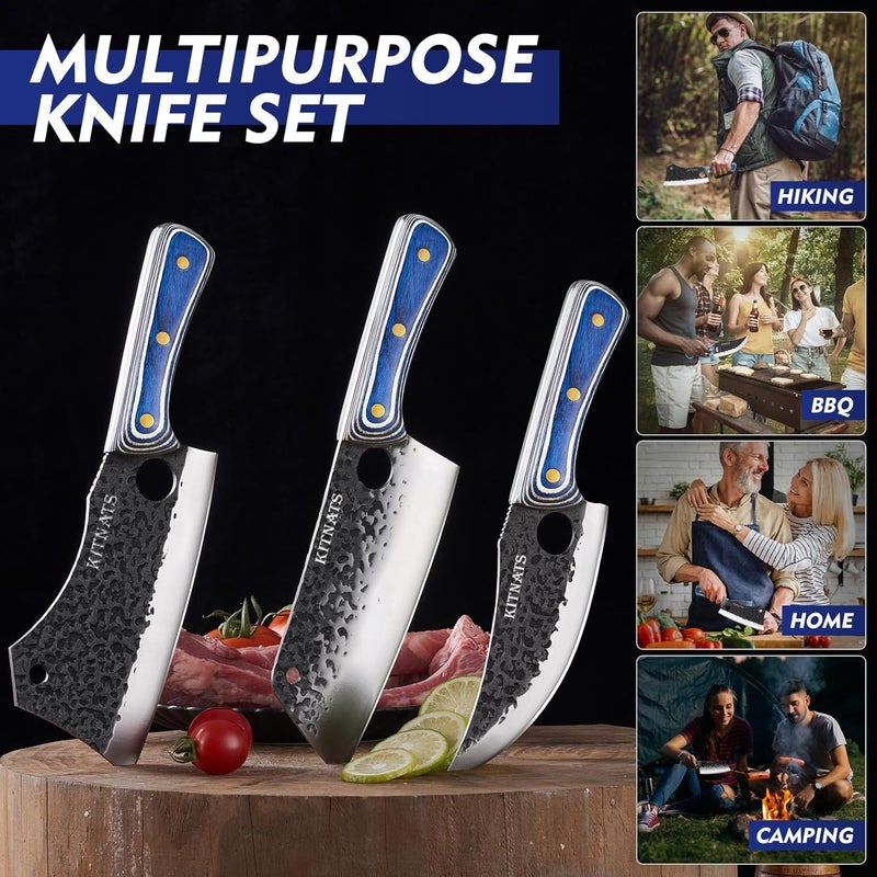 KITNATS 3PCS Butcher Knife Set, Hand Forged kitchen Knife Set-Heavy Duty Bone Chopper & Meat Cleaver & Viking Chef Knife Set for Home, Outdoor Cooking, Camping BBQ - Image 4