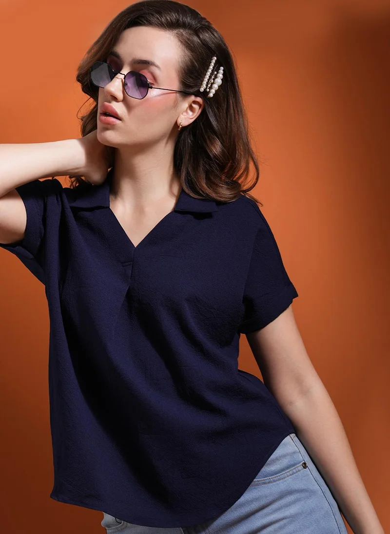 globus Globus Women Collared Neck Extended Sleeves Self Design Shirt Style Workwear Top