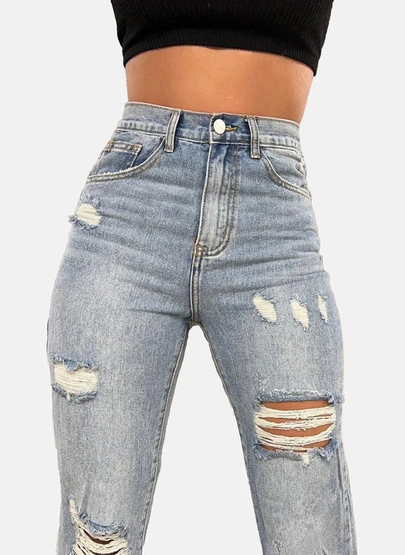 YUNIQEE Blue Slim Fit Highly Distressed High-Rise Jeans