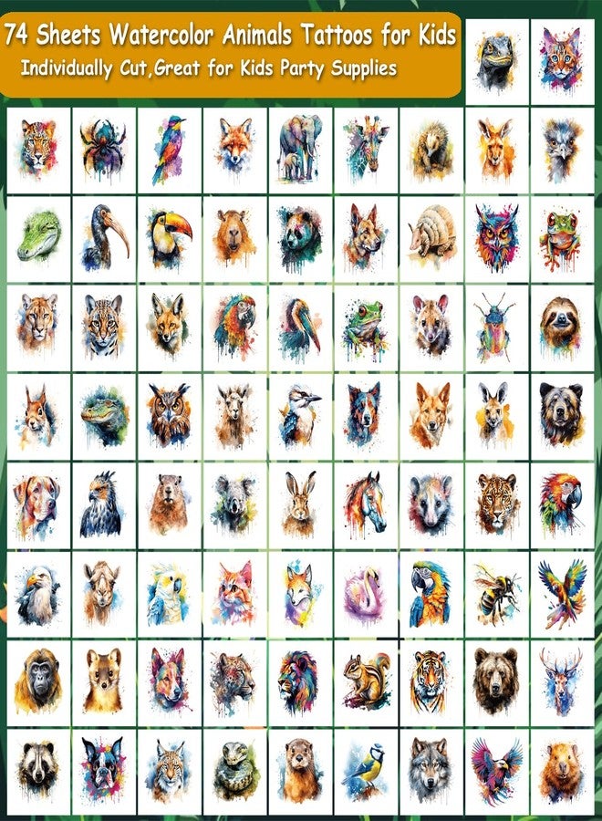 CHARLENT Watercolor Safari Animals Temporary Tattoos for Kids Party Supplies - 74 Individually Sheets Animals Tattoos for Boys Girls Birthday Party Favors - Image 2