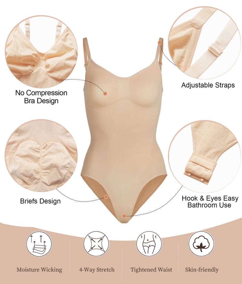 SHAPERX Women's Shapewear Bodysuit Tummy Control Body Shaper Seamless Sculpting Snatched Waist Body Suit，SZ5213-Beige-S/M - Image 4
