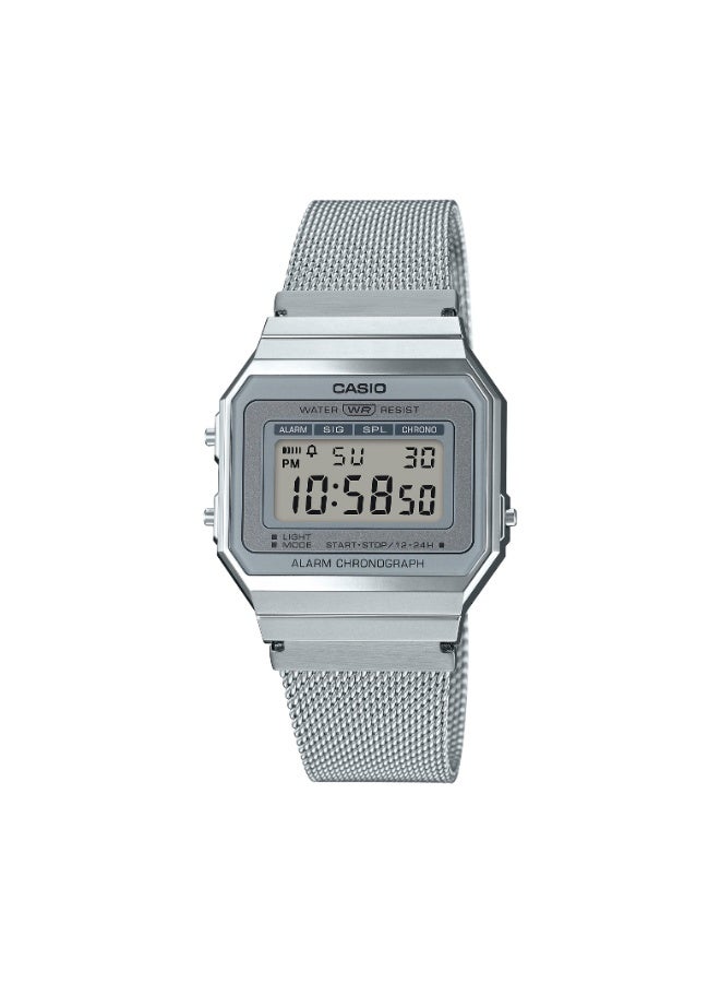 كاسيو Casio A700WM-7ADF, silver mesh Casio watch, white dial Casio digital, men’s retro Casio UAE, Casio stainless-steel mesh watch - Image 1