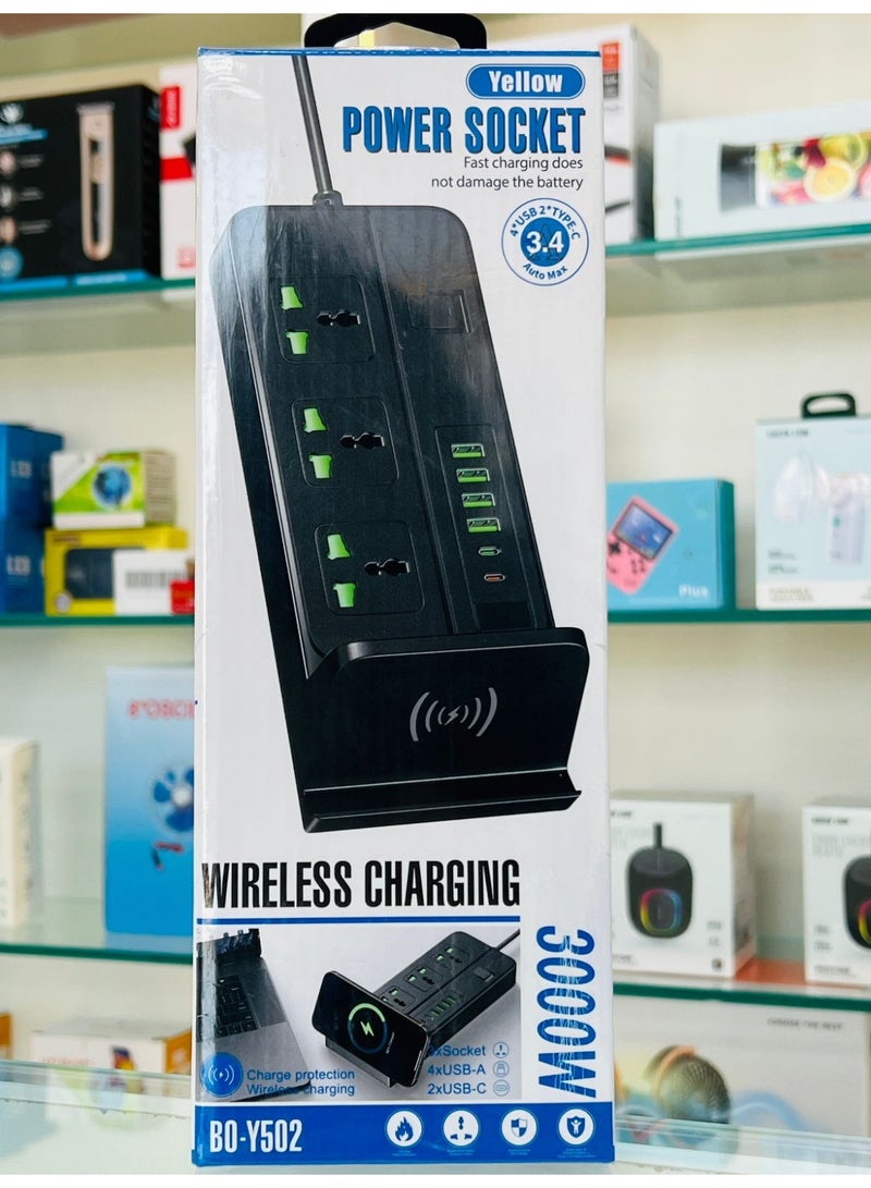 Yellow BO-Y502 Power Socket, 3 AC Outlets, 4 USB-A Ports, 2 USB-C Ports & Wireless Charging Pad – 3000W Fast Charging