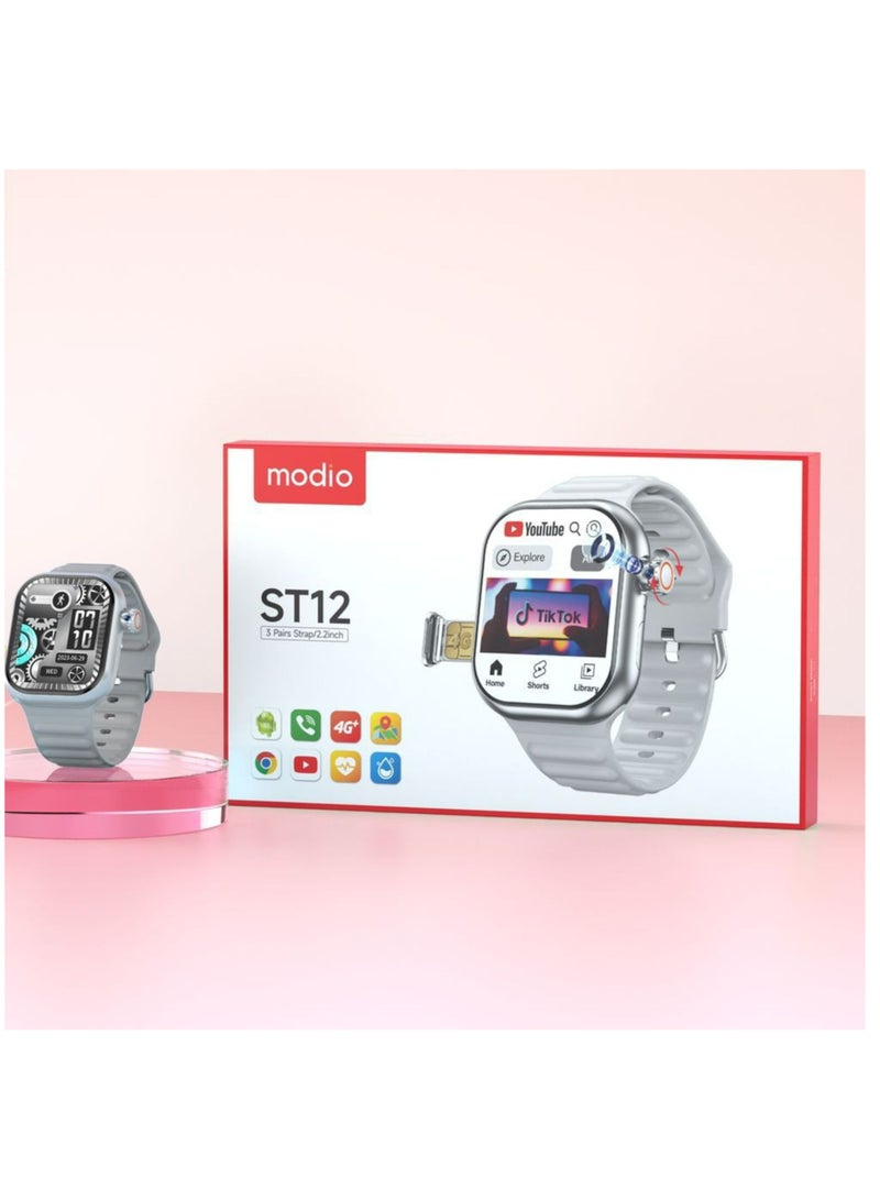 modio ST12 4G Smartwatch with 2.2-inch Display, 3 Pairs Strap, Fitness Tracker, Heart Rate & Sports Mode, Waterproof, Compatible with Android & iOS – Silver - Image 3